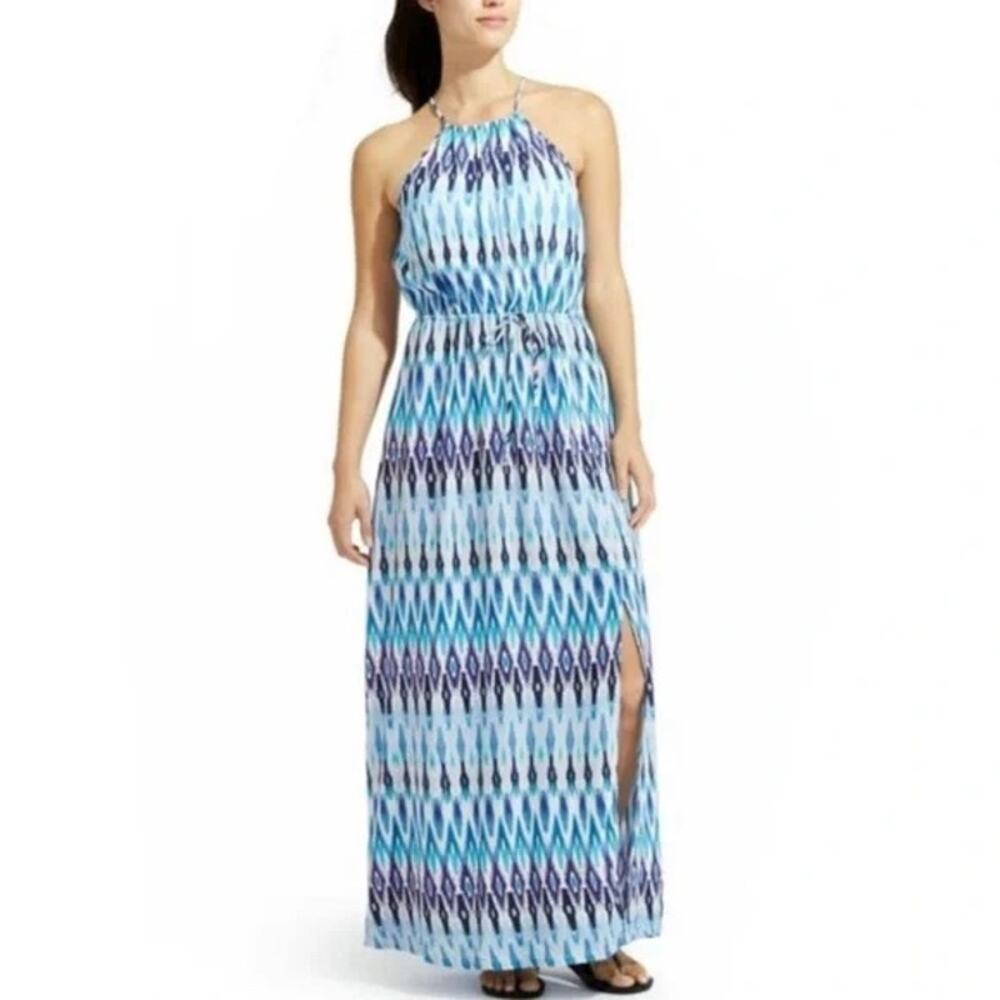 Athleta Blue and White Sunset Ikat Halter Maxi Dress